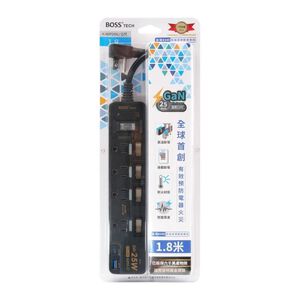 BOSS 5開4插3P高溫斷電25W快充延長線1.8米-黑色