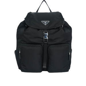 PRADA 三角牌Logo 尼龍雙口袋後背包/黑色