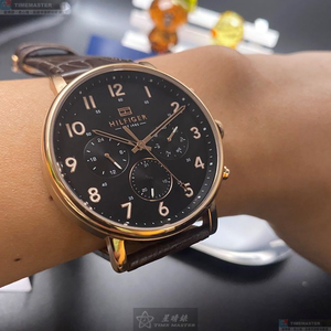 [星晴錶業]TommyHilfiger手錶,44mm,TH00003黑色錶面玫瑰金錶殼咖啡色真皮皮革錶帶款