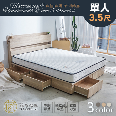 臺灣製【藤原傢俬】全木芯板新6抽3件式房間組(新6抽床底+2層床頭+3M防潑水獨立筒-偏軟)