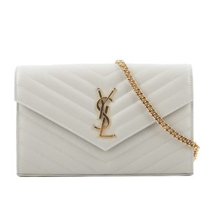 YSL V紋荔枝皮金色LOGO WOC 斜背包/復古白