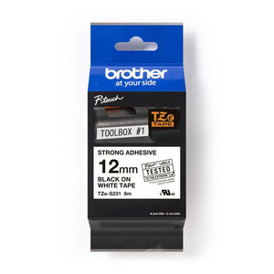 【 BROTHER】兄弟牌  白底黑字 12mmx8M 超黏性護貝標籤帶/ 包 TZe-S231