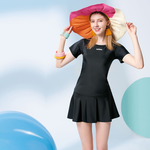 Monina Taiwan-made short-sleeved skirt and pants two-piece swimsuit pure black, , large