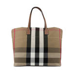 BURBERRY London 格紋棉質帆布及牛皮中型托特包/灰褐色/棕色, , large