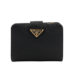 PRADA 三角牌Logo水波紋拉鍊釦式厚款零錢短夾/黑色, , large