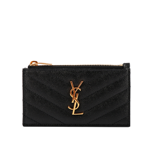 YSL 山形紋荔枝皮金字Logo拉鍊卡片/零錢夾/黑色