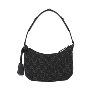 GUCCI Horsebit GG Logo 牛仔布窄版彎月肩背包/黑色