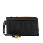 BOTTEGA VENETA L 型金色拉鍊小羊皮編織附鑰匙釦卡包/零錢包/黑色, , large
