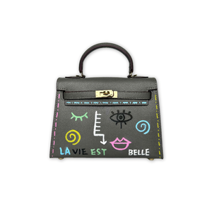 Geometric element painted Kelly bag gray blue (M)