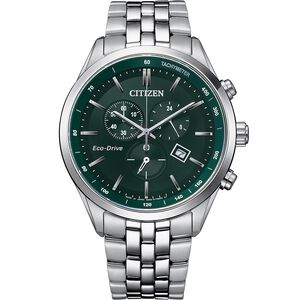 CITIZEN 星辰 光動能復古風計時手錶-銀x紳士綠 AT2149-85X