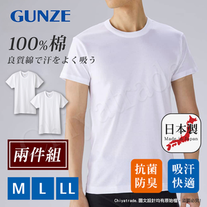 【日本郡是Gunze】日本製 兩件組 抗菌防臭加工 100%純棉 男士 圓領 短袖內衣 衛生衣(舒適親膚)-M