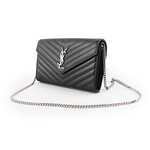 YSL V紋荔枝皮銀色LOGO WOC 斜背包/黑色, , large