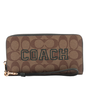 COACH Varsity 標誌塗層帆布附可拆提把長夾/卡其/亞馬遜綠