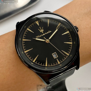 [星晴錶業]MASERATI手錶,46mm,R8853146001黑色錶面黑錶殼深黑色米蘭錶帶款