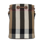 BURBERRY 格紋棉質帆布及牛皮小款束口水桶包/灰褐色/棕色, , large