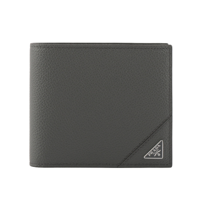 PRADA 三角牌Logo粒紋牛皮對開8卡短夾/灰色