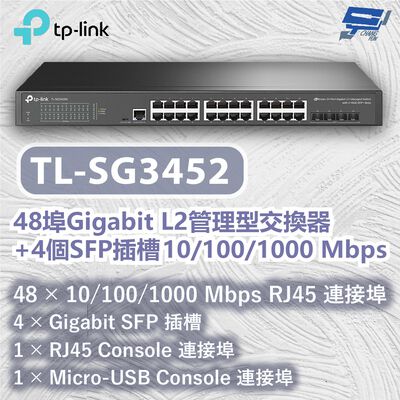 TP-LINK 昌運監視器 TL-SG3452 48埠Gigabit L2管理型交換器 10/100/1000 Mbps