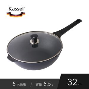 韓國Kassel鑽石超導熱不沾深型炒鍋附玻璃鍋蓋-32cm(IH爐可用鍋)亞光灰