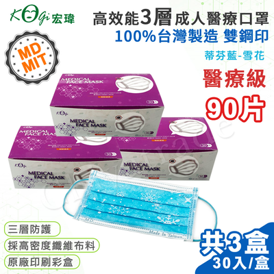 【宏瑋】臺灣製 MD+MIT 雙鋼印 高效能三層不織布 醫療級 醫用成人口罩 90入(蒂芬藍-雪花)