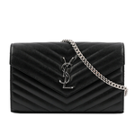 YSL V紋荔枝皮銀色LOGO WOC 斜背包/黑色, , large
