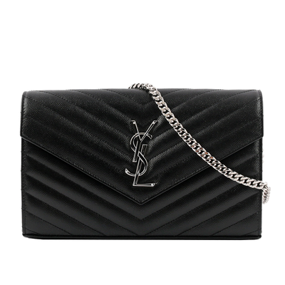 YSL V紋荔枝皮銀色LOGO WOC 斜揹包/黑色