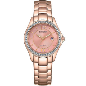 CITIZEN 星辰 光動能水晶奢華女錶-粉橘x玫瑰金 FE1252-82X