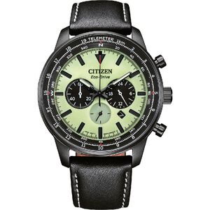 CITIZEN 星辰 綠幽靈夜光光動能三眼計時手錶-黑x藍 CA4505-21X