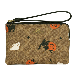 COACH CC Logo 萬聖節圖案塗層帆布手拿包/棕褐色/黑色