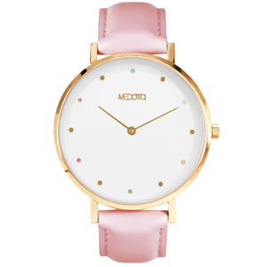 [MEDOTA] RAINBOW diamond collection pink leather strap ladies watch-Gold / RO-10601