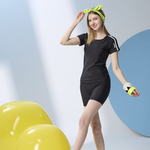 Monina Taiwan-made short-sleeved two-piece swimsuit with white piping on shoulders, black, , large
