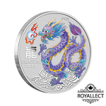 Sydney Money Expo ANDA Special Australian Lunar Series III 2024 Year of the Dragon 1oz Silver Lilac Coloured Coin in Card	, , large