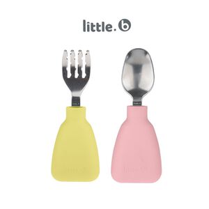 【美國 little.b】316不鏽鋼小寶石湯叉組II-小可愛(黃+粉) 湯匙 叉子 學習餐具 手握訓練 兒童餐具
