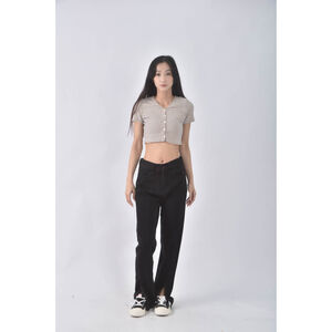 (S) 高腰丹寧牛仔棉質素面黑色長褲二手衣