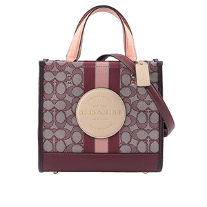COACH Dempsey Tote 22 緹花拼皮革二用托特包/酒紅色/裸色