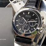 [星晴錶業]BOSS手錶,42mm,HB1513752黑色錶面銀錶殼深黑色真皮皮革錶帶款, , large