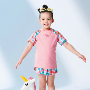 Monina Taiwan-made children's plaid short-sleeved two-piece swimsuit
