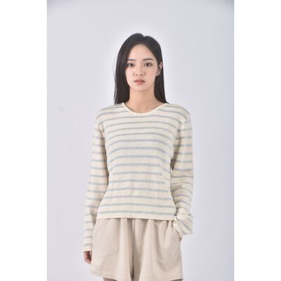 (M) 條紋杏色長袖上衣二手衣
