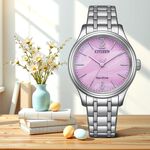 CITIZEN 星辰 光動能大三針時尚女錶 送禮-銀x粉紅/34mm EM0411-71X, , large