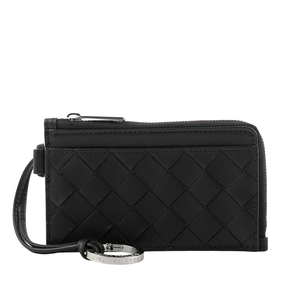 BOTTEGA VENETA L 型銀色拉鍊小牛皮編織附鑰匙釦卡包/零錢包/黑色