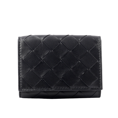 BOTTEGA VENETA 經典小羊皮及小牛皮編織迷你雙釦三折短夾/黑色