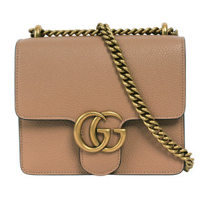 GUCCI Marmont 金色標誌粒紋皮革肩背/斜背二用鍊包/裸粉色