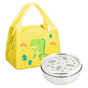 【KOM】台灣製316不鏽鋼兒童隔熱碗/附湯匙+防水牛津布保溫便當袋/餐袋 2入組(圖案任選)