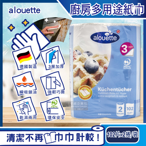 [日日好物]德國Rossmann-Alouette三層加厚印花壓紋吸水吸油乾濕兩用多用途廚房紙巾102片x2捲/袋(拋棄式抹布)