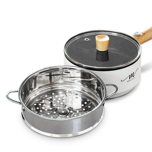 【MOLIJIA】1.6L-M18 Multifunctional Non-stick Electric Cooking Pot + M1812 Stainless Steel Steamer - White Wood Grain