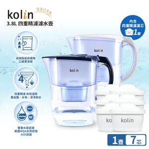 Kolin 歌林 3.8L濾水壺(內含四重濾芯*1)+四重濾芯6入(共1壺7芯/適用Brita)
