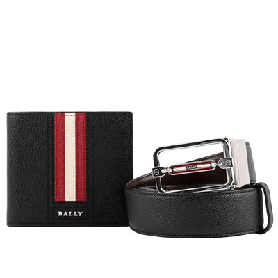 BALLY 壓紋牛皮雙色皮帶+8卡短夾禮盒組 / 黑色