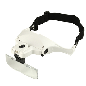 Multifunctional head-mounted magnifying glasses with 5 magnification options, LED illumination, and interchangeable frame and headband.