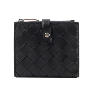BOTTEGA VENETA 新款銀釦小羊皮編織釦式零錢袋短夾/黑色