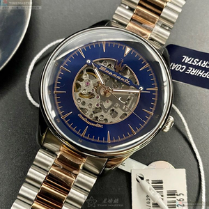 [星晴錶業]MASERATI手錶,46mm,R8823146001寶藍色錶面銀錶殼金銀相間精鋼錶帶款