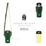 【韓國PURENINE】Kids頂級時尚彈蓋隨身保溫杯 戶外旅行兒童水壺(附杯套+背帶)290ML-墨綠色皮套+黑蓋瓶, , large